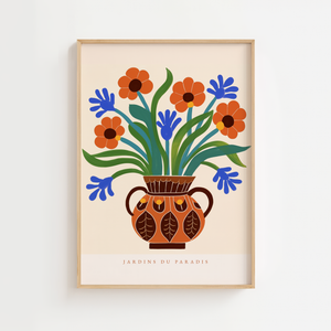 Blomstervase Jardins du Paradis plakat med orange og blå blomster i dekoreret vase