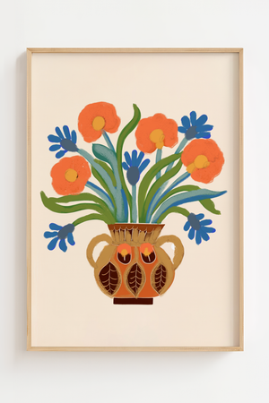 Blomstervase med orange blomster plakat med illustrerede blomster i dekoreret vase