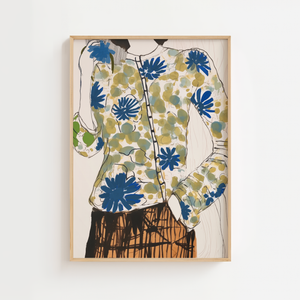 Blomstret bluse modeillustration plakat med monstera-blade og grafiske streger