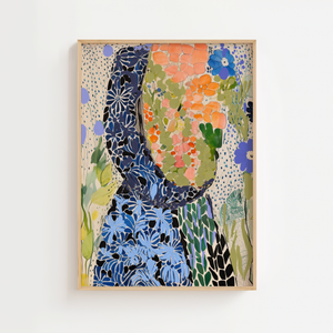 Botanisk mønsterkollage plakat med blomster og blade i blå, orange og grønne farver