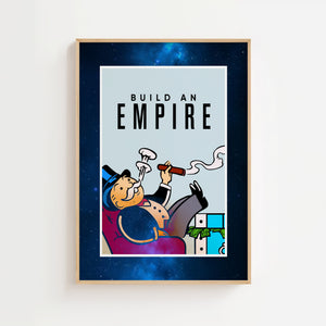 Build an Empire plakat med tegneseriefigur i jakkesæt og fed typografi