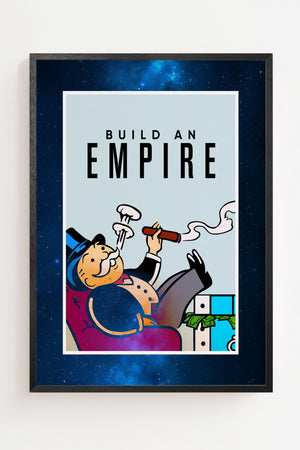 Build an Empire plakat med tegneseriefigur i jakkesæt og fed typografi, sort ramme