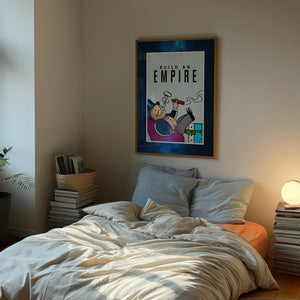 Build an Empire plakat i egetræsramme over seng