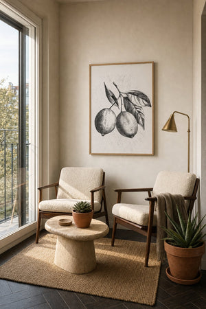 Citroner med Blade plakat i lys ramme over køkkenbord