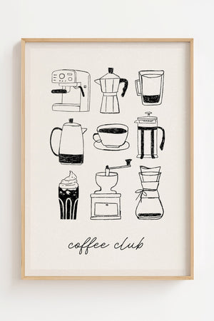 Coffee Club plakat med ni kafferedskaber i sort-hvid skitseret stil