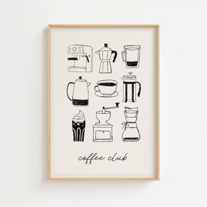 Coffee Club plakat med ni kafferedskaber i sort-hvid skitseret stil