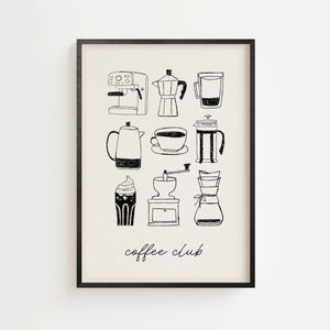 Coffee Club plakat med ni kafferedskaber i sort-hvid skitseret stil, sort ramme