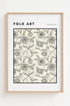 Folk Art blomstermønster plakat med sorte botaniske illustrationer