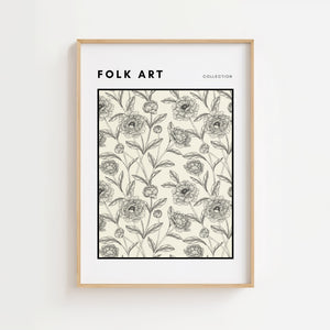 Folk Art blomstermønster plakat med sorte botaniske illustrationer