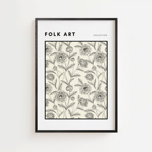 Folk Art blomstermønster plakat med sorte botaniske illustrationer, sort ramme