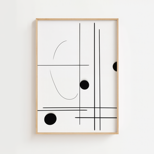 Geometrisk balance plakat med sorte linjer, kurver og cirkler på hvid baggrund
