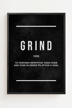 Grind Definition plakat med hvid typografi på mørk baggrund, sort ramme