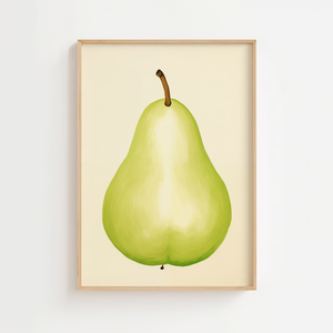 Grøn pære plakat med enkelt frugtillustration i gule og grønne farver