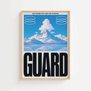 Guard bjerglandskab plakat med grafiske cirkelformer og typografi