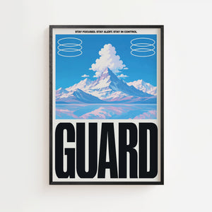 Guard bjerglandskab plakat med grafiske cirkelformer og typografi, sort ramme