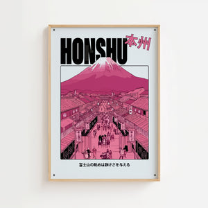Honshu Mount Fuji plakat med japansk bylandskab i lyserøde og magenta toner