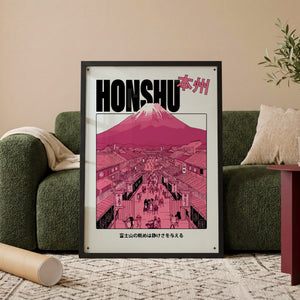 Honshu Mount Fuji plakat i egetræsramme ved sofa