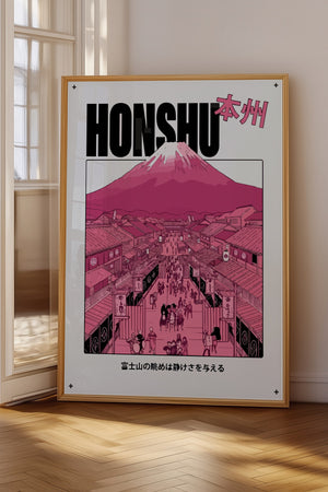 Honshu Mount Fuji plakat i egetræsramme på gulv ved vindue