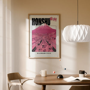 Honshu Mount Fuji plakat i egetræsramme over spisebord