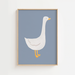 Hvid gås illustration plakat med grafisk fuglemotiv på blå baggrund
