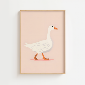 Hvid gås plakat med grafisk illustration på lyserød baggrund