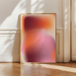Minimalistisk kunstplakat med rød og beige farveovergang på væg