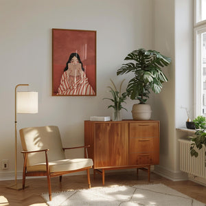 Illustration plakat af kvinde der læser bog – varm rosa og terrakotta baggrund, moderne kunst til væggen