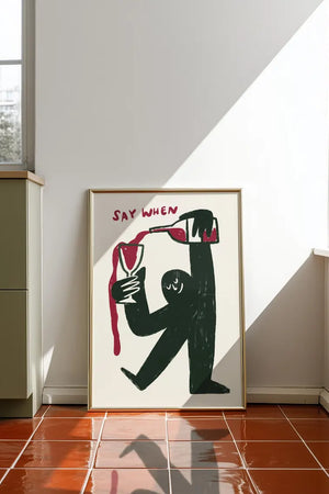 Pour Me Wine plakat med humoristisk vintekst til køkken, hjemmebar eller vinkrog.
