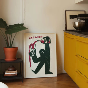 Pour Me Wine plakat med humoristisk vintekst til køkken, hjemmebar eller vinkrog.