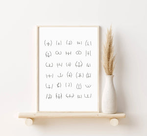 Minimalistisk plakat med håndtegnede line-art illustrationer af forskellige numseformer på hvid baggrund.