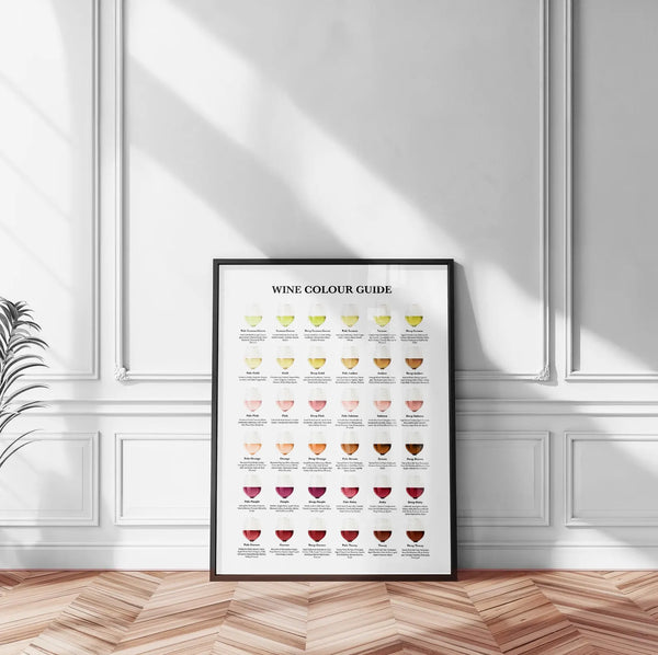 Stilren Wine Colour Guide plakat med farvenuancer for hvidvin, rosé og rødvin – perfekt til køkken og vinelskere.