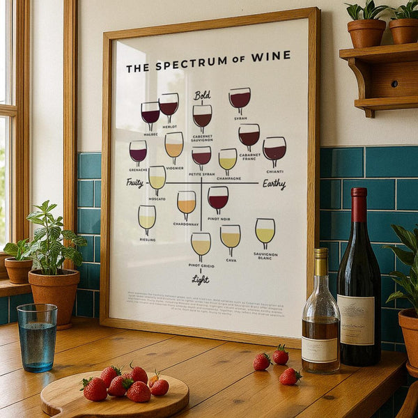 Vinplakat med smagsspektrum fra bold til light, illustreret med vinglas og vinvarianter – dekorativ og perfekt til køkken og hjemmebar.