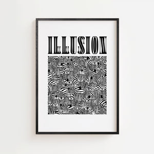Illusion zebraer plakat med tæt formation af striber i sort hvid kontrast, sort ramme