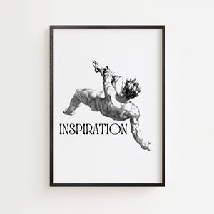 Inspiration plakat med dynamisk figur i sort-hvid grafisk stil, sort ramme