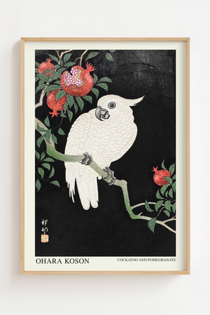 Kakadu med granatæble plakat i japansk træsnitsstil med hvid fugl