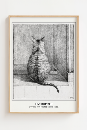 Kat set bagfra Jean Bernard plakat med grafisk sort-hvid tegning