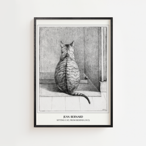 Kat set bagfra Jean Bernard plakat med grafisk sort-hvid tegning, sort ramme
