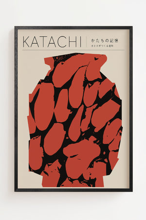 Katachi plakat med keramisk form i røde og sorte nuancer, sort ramme