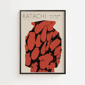 Katachi plakat med keramisk form i røde og sorte nuancer, sort ramme
