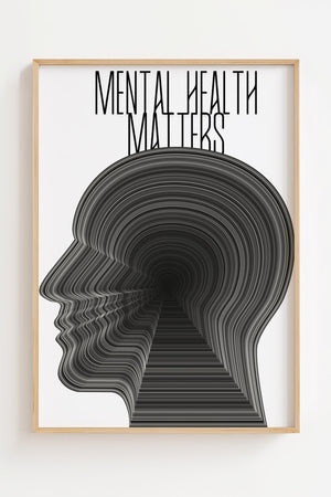 Mental Health Matters plakat med gentaget tekst i grafiske linjer der danner et profilmotiv