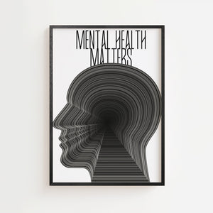 Mental Health Matters plakat med gentaget tekst i grafiske linjer der danner et profilmotiv, sort ramme