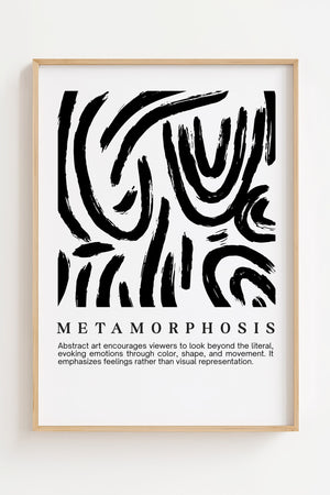 Metamorphosis abstrakt plakat med sorte penselstrøg i spiralformede bevægelser