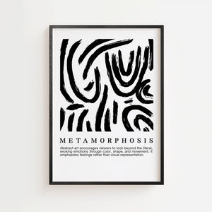 Metamorphosis abstrakt plakat med sorte penselstrøg i spiralformede bevægelser, sort ramme