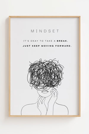 Mindset plakat med line art-figur og kaotiske tankestreger i sort-hvid