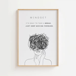 Mindset plakat med line art-figur og kaotiske tankestreger i sort-hvid