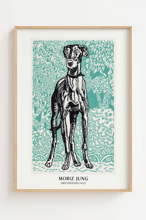 Mynde Moriz Jung plakat med sort-hvid hund i grafisk stil mod turkisgrøn baggrund