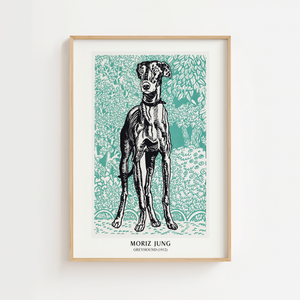 Mynde Moriz Jung plakat med sort-hvid hund i grafisk stil mod turkisgrøn baggrund