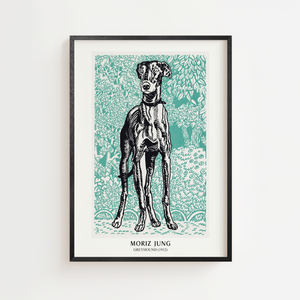 Mynde Moriz Jung plakat med sort-hvid hund i grafisk stil mod turkisgrøn baggrund, sort ramme