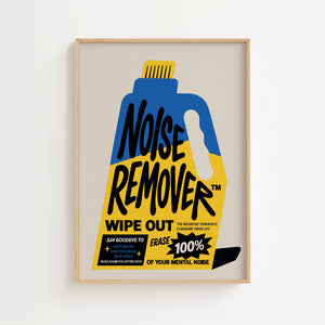Noise Remover budskabsplakat med grafisk rengøringsflaske i blåt og gult