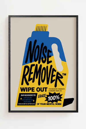 Noise Remover budskabsplakat med grafisk rengøringsflaske i blåt og gult, sort ramme